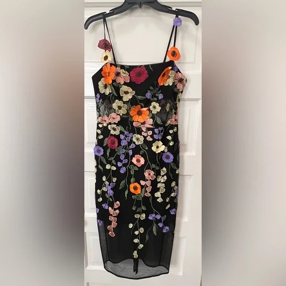 BCBGMaxAzria Black Mesh Dress w. Multicolor Floral Embroidery - W Size 10 - NWT. - Picture 2 of 14